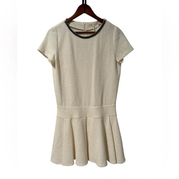 maje cream dress MAJE Size 1 XS Rabata Fringe Tiered Mini Tweed Dress Cream White Short  Sleeve
